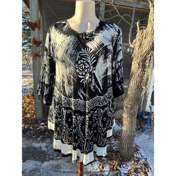 90s Papa Vancouver Abstract Print Tunic Top 100% Rayon India Gauze 3/4 Sleeve - Picture 1 of 8